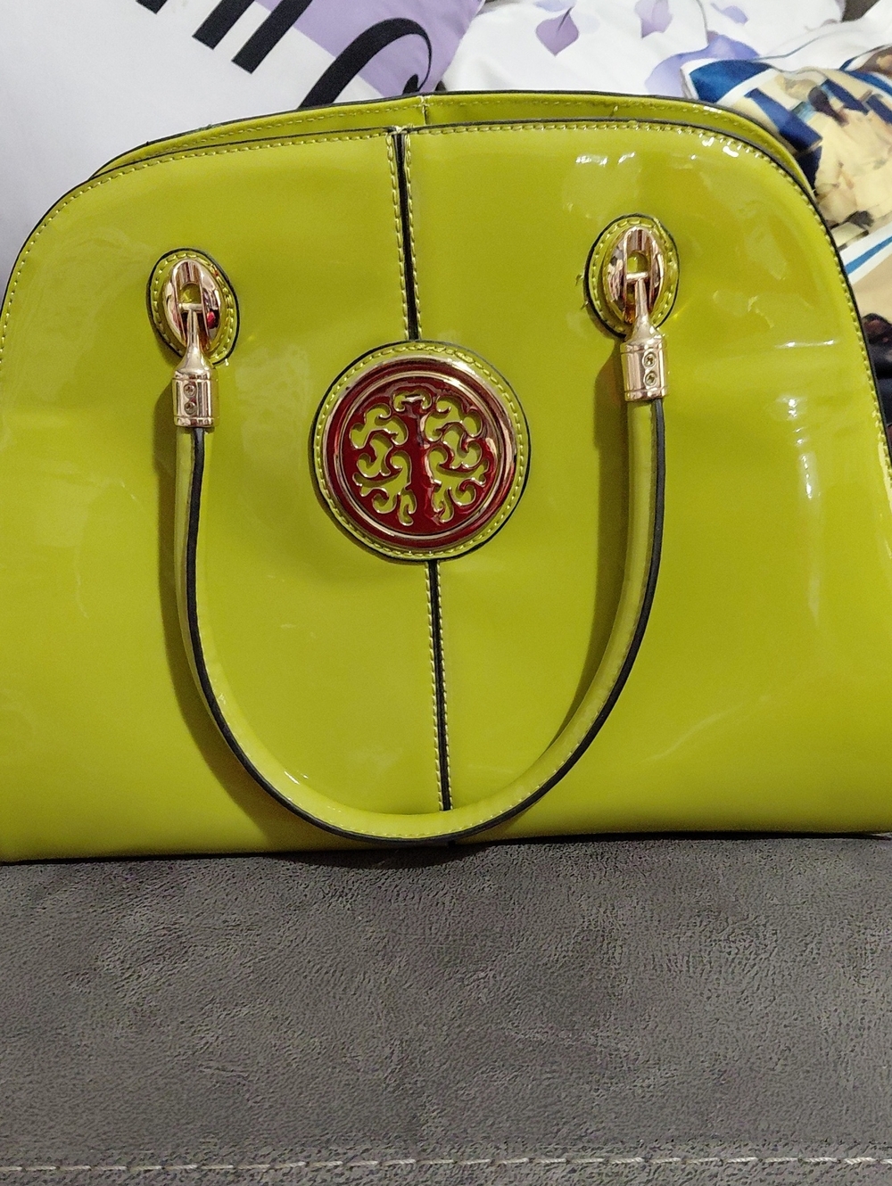 Glossy Lime Green Patent Tote Bag with Gold Accent Big Is Good  No Scath